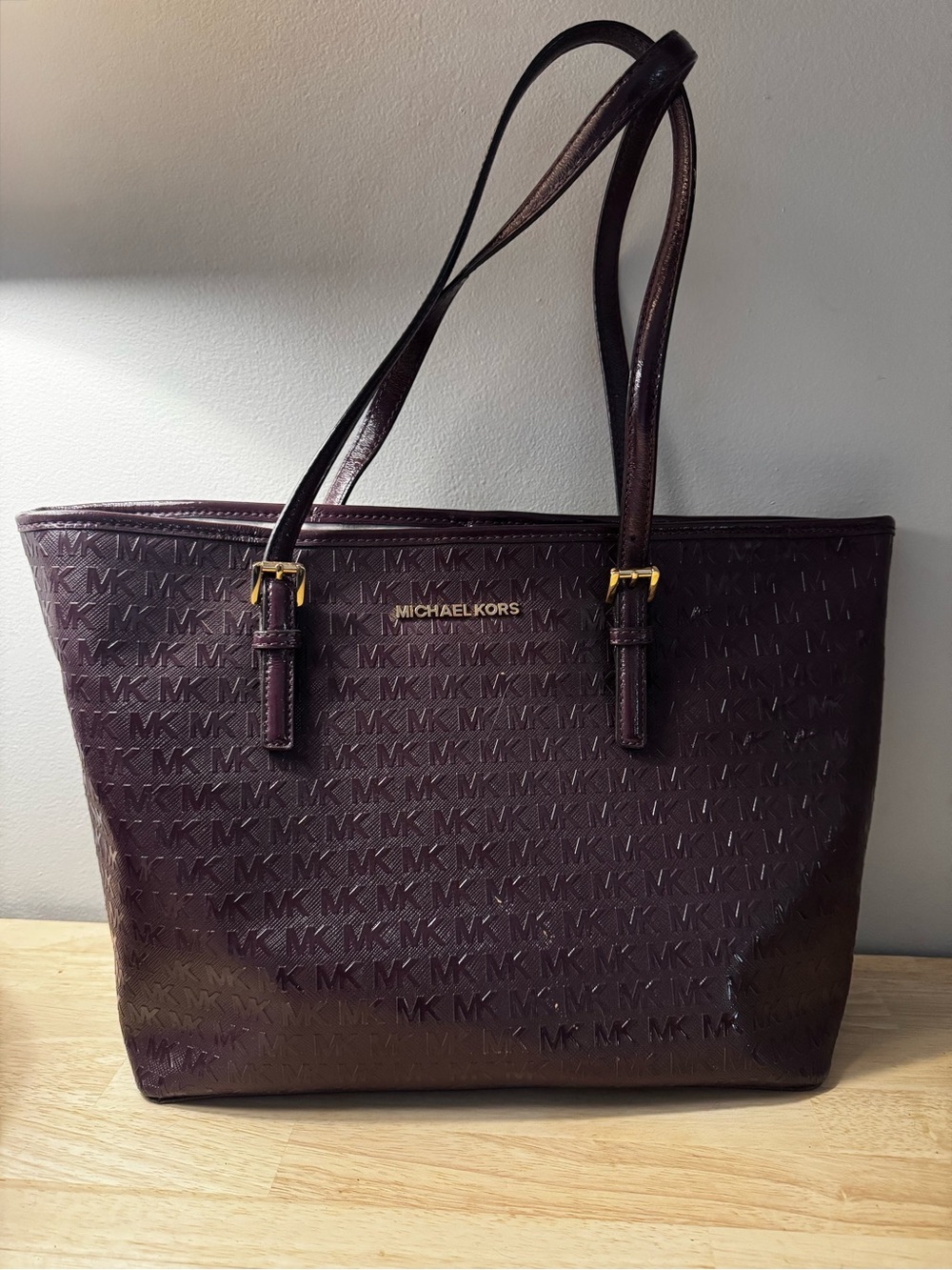 Michael Kors Plum Embossed MK Logo Tote with Gold Hardware